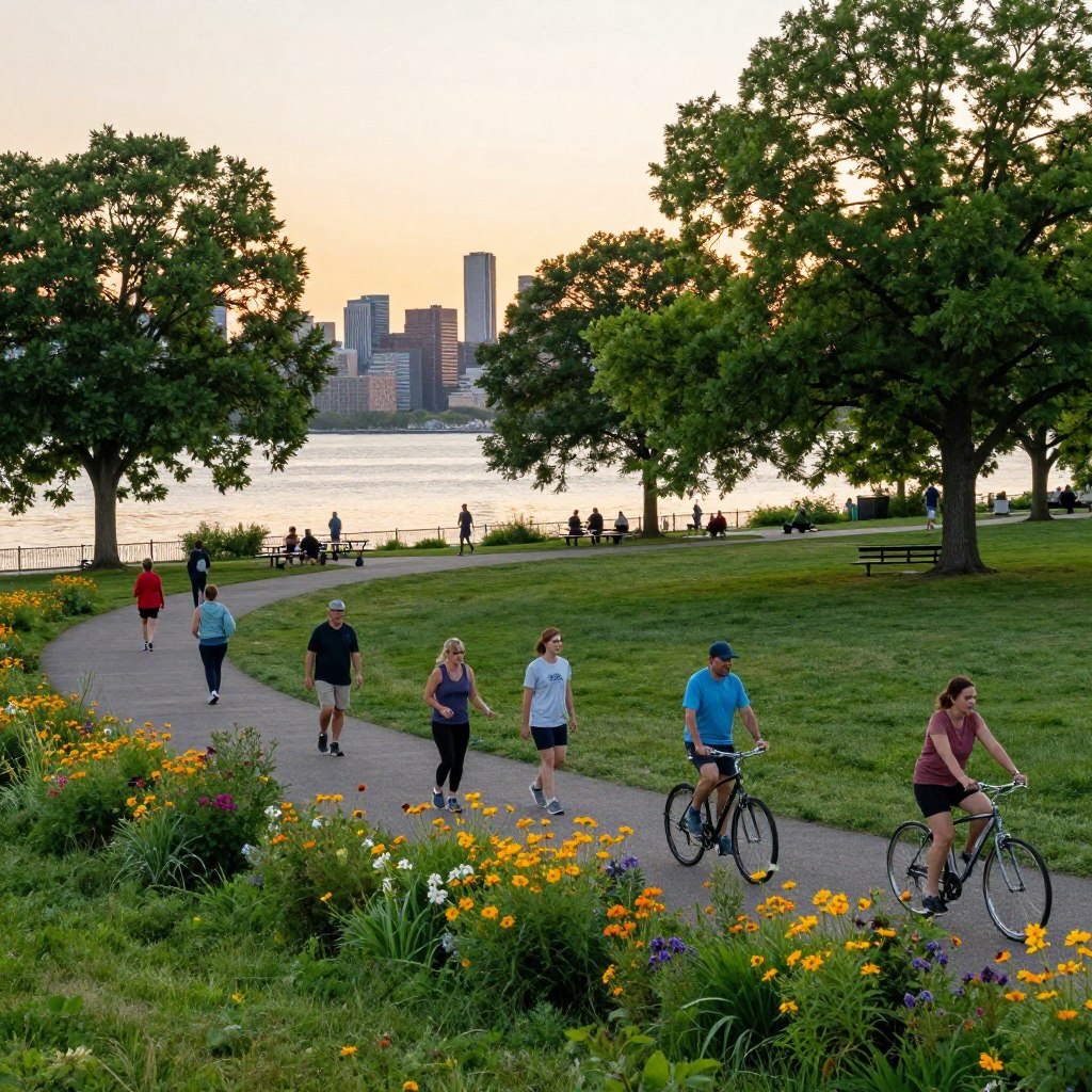 A serene outdoor scene in Edgewater, NJ, showcasing lush green parks and winding trails. In the foreground, a diverse group of individuals dressed in modest casual clothing are enjoying activities like walking, jogging, and biking along a scenic path lined with vibrant wildflowers. The middle ground features a stunning view of a well-maintained park with picnic areas under large, leafy trees, inviting relaxation. In the background, the shimmering Hudson River reflects the soft golden light of a setting sun, while the Manhattan skyline creates a picturesque backdrop. The atmosphere is lively yet tranquil, capturing the essence of outdoor recreation and community engagement in Edgewater. The image should convey a warm and inviting mood, with a soft focus that enhances the beauty of nature.