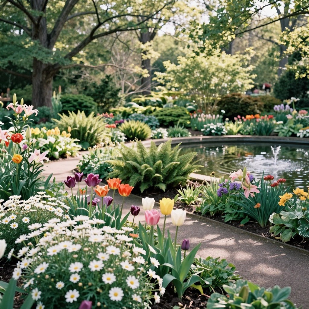 A serene scene at the New Jersey Botanical Garden, showcasing a rich diversity of plant collections. In the foreground, vibrant blooming flowers in a variety of colors, including daisies, tulips, and lilies, create a lively focal point. The middle ground reveals meticulously arranged garden beds filled with ferns and ornamental shrubs, leading towards a tranquil pond. In the background, lush trees provide a natural canopy, with soft sunlight filtering through the leaves, creating dappled shadows on the ground. A gentle breeze causes delicate ripples on the water's surface. Capture the scene from a slightly elevated angle, using a soft-focus lens to enhance the dreamy atmosphere, evoking a sense of peace and relaxation that embodies the essence of garden serenity.