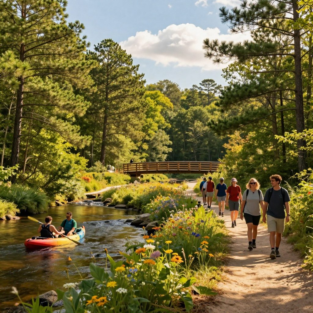 A serene scene showcasing outdoor activities in the Pine Barrens of South Jersey, featuring lush, green pine trees and winding sandy trails. In the foreground, a diverse group of individuals in modest casual clothing are engaged in activities like kayaking on a small, clear river and hiking along a nature trail, with smiles of enjoyment. The middle ground displays a sunlit clearing filled with colorful wildflowers and a picturesque wooden bridge arching over a gentle stream. In the background, taller pines stretch towards a bright, blue sky with fluffy white clouds, creating a tranquil atmosphere. The lighting is warm and inviting, suggesting late afternoon with soft golden hues and playful shadows. The overall mood is peaceful and immersive, highlighting the beauty of nature and the spirit of adventure.