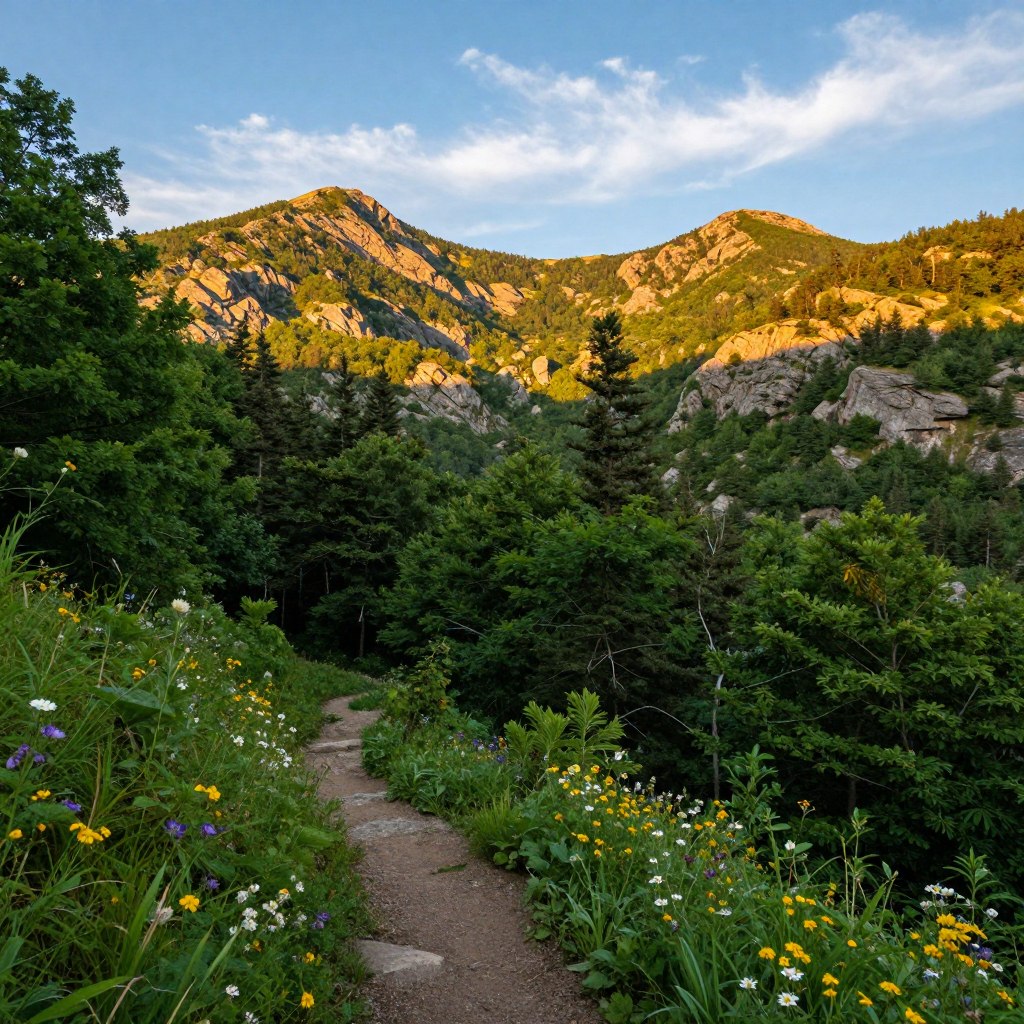 A serene view of Allamuchy Mountain State Park, showcasing rugged wilderness trails winding through lush green forests. In the foreground, a narrow dirt path lined with vibrant wildflowers leads into the dense foliage. The middle ground features towering trees, interspersed with rocky outcrops that hint at the hilly terrain. In the background, majestic mountain peaks bathed in the warm glow of golden sunlight, casting soft shadows and highlighting the intricate textures of the landscape. The atmosphere evokes a sense of adventure and tranquility, with clear blue skies above and wisps of white clouds. Capture this scene using a wide-angle lens to emphasize depth, focusing on natural light to enhance the vivid colors and details without any characters or text.