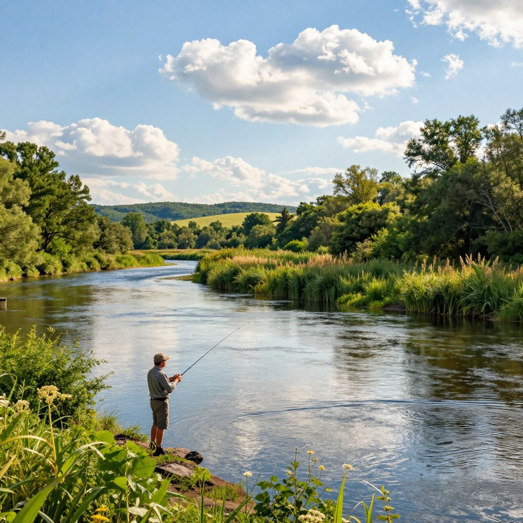 A serene view of Pequest Wildlife Management Area, showcasing the tranquil waters of the Pequest River surrounded by lush greenery and diverse wildlife. In the foreground, a fisherman in modest casual clothing casts his line from the riverbank, with gentle ripples spreading across the water. The middle ground features a mix of tall grasses and wildflowers, leading up to shaded areas with trees. In the background, gentle rolling hills under a bright blue sky filled with fluffy white clouds complete the picturesque setting. The scene is illuminated by soft, warm afternoon light, creating a peaceful and inviting atmosphere, ideal for a nature preserve and fishing spot. Use a wide-angle lens to capture the expansive beauty of the landscape.