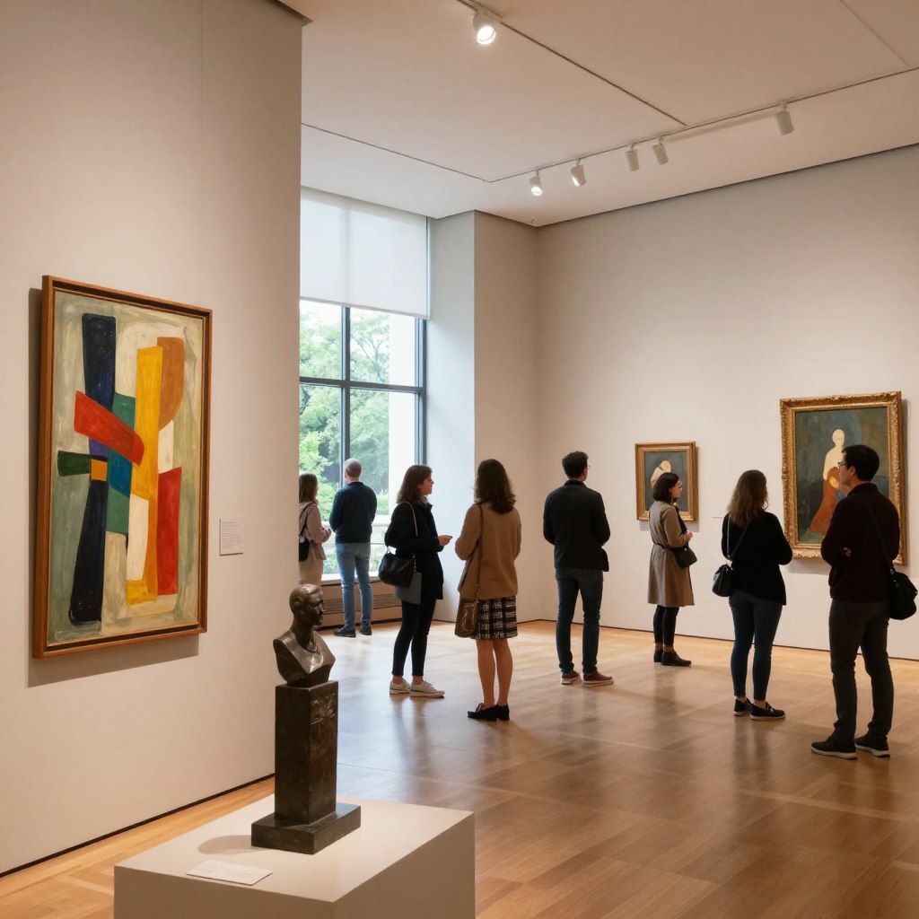 A sophisticated interior view of the Montclair Art Museum, showcasing its renowned American art collections and current exhibitions. In the foreground, a well-lit gallery space adorned with vibrant paintings and sculptures, highlighting a striking abstract piece that draws the viewer's eye. The middle ground features visitors engaged in contemplation, dressed in smart casual attire, reflecting a diverse group appreciating the art. The background reveals large windows allowing natural light to flood in, with greenery visible outside, adding a tranquil atmosphere. Use soft, diffused lighting to create a warm and inviting mood. Capture the essence of art appreciation with a wide-angle perspective, focusing on the interplay between the artwork and the visitors within the elegantly designed museum space.