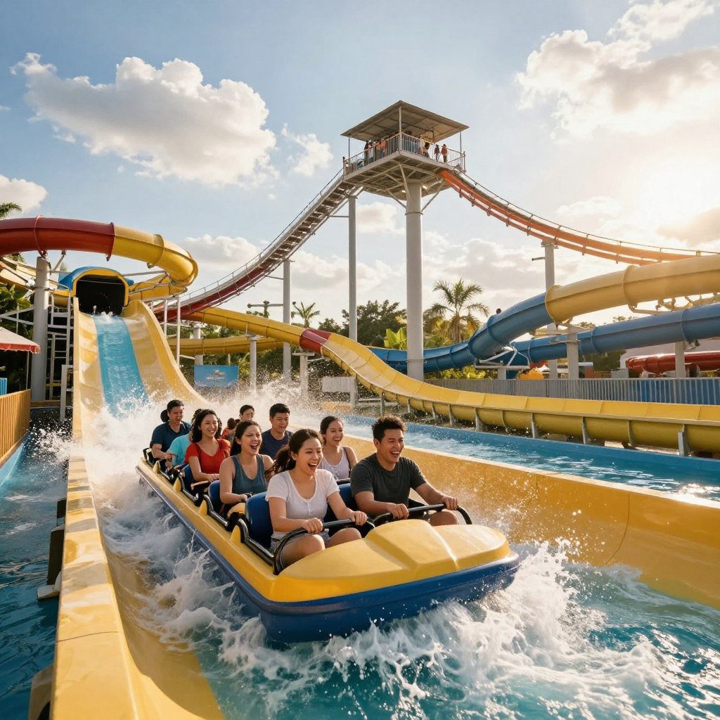 A thrilling scene at Action Park, showcasing adrenaline-pumping water rides. In the foreground, families and friends in modest casual attire are excitedly preparing to board a massive water slide, laughter and anticipation on their faces. The middle ground features a variety of high-speed water slides, twisting and turning, with splashes of water catching the light. The background reveals a vibrant summer sky dotted with fluffy white clouds, while the sun bathes the scene in warm golden light, creating a lively, exhilarating atmosphere. The angle captures the height of the slides, emphasizing their thrill and inviting viewers to experience the fun. The image conveys a sense of adventure and enjoyment, perfect for a summer outing.