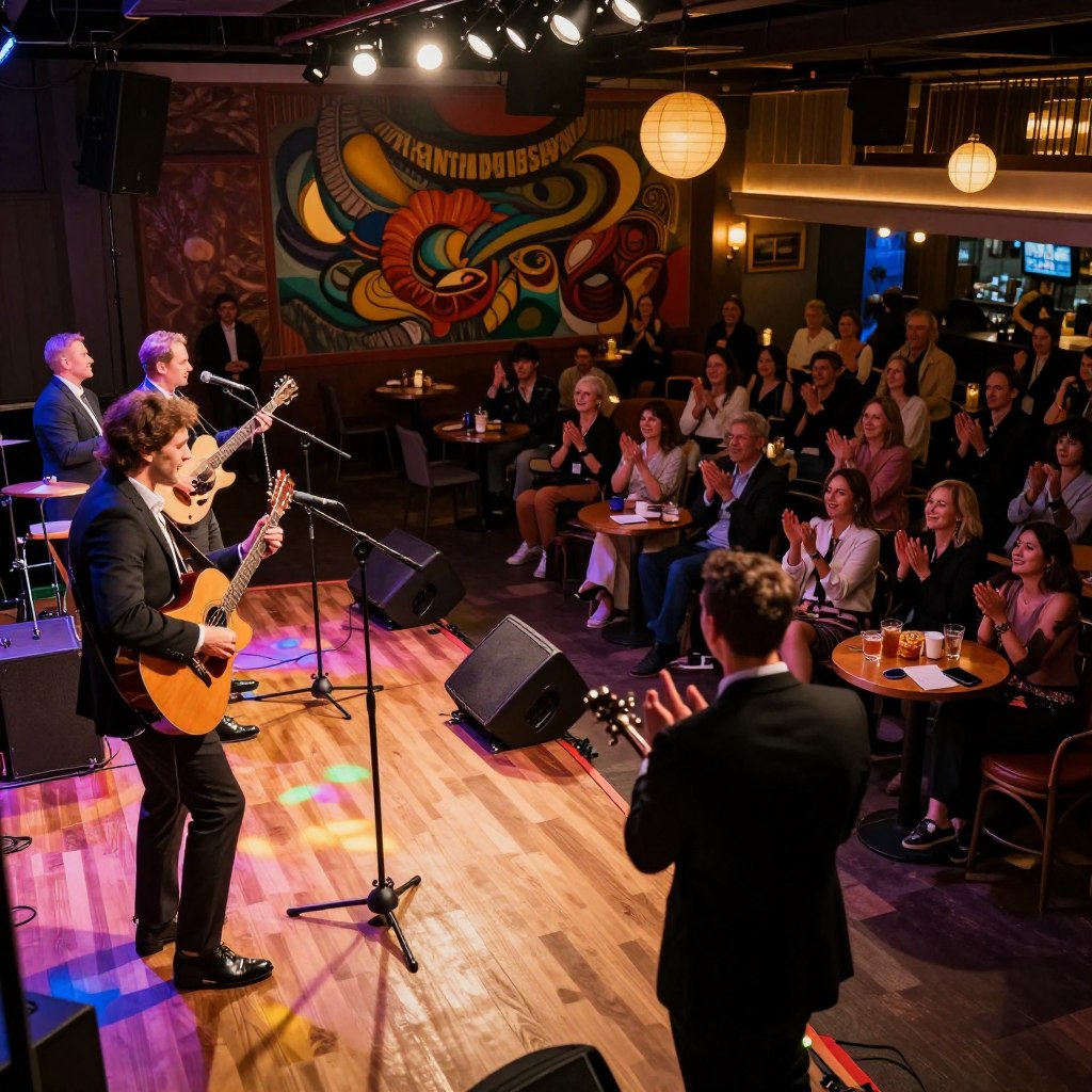 A vibrant Central Jersey entertainment venue featuring a live performance stage. In the foreground, a sleek wooden stage adorned with colorful lights sets the scene. Musicians are engaged in a dynamic performance, dressed in professional business attire, playing instruments like a guitar and keyboard. The middle ground includes a lively audience, clapping and enjoying the show, with elements like drinks and snacks on small tables scattered around. The background showcases a beautifully designed interior, complete with artistic murals and decorative lighting. The scene is illuminated with warm, ambient lighting that creates an inviting atmosphere. Capture the essence of community and creativity that Central Jersey offers, using a slightly elevated angle to emphasize the depth of the venue and the engagement of its patrons.