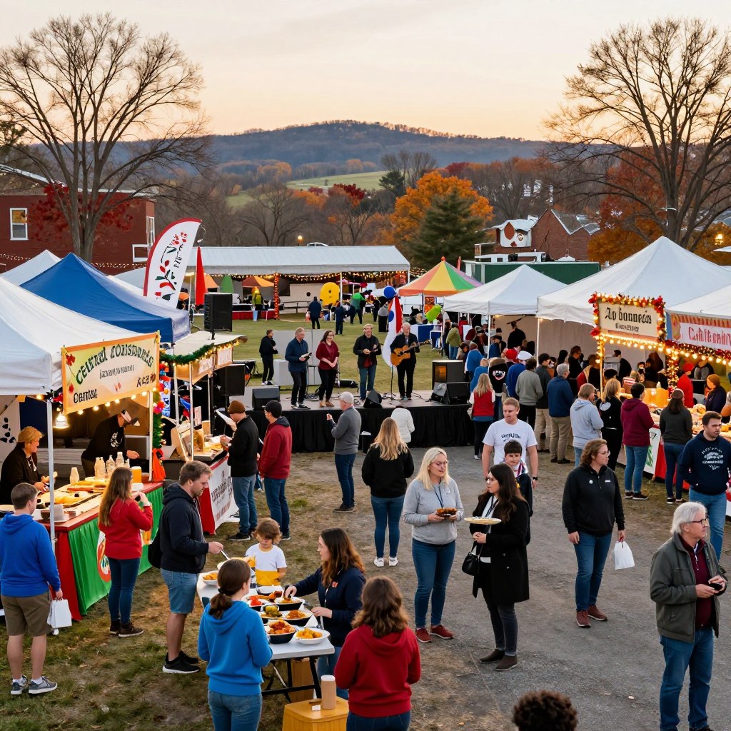 A vibrant, cheerful scene depicting various local festivals and events in Central Jersey throughout the year. In the foreground, families enjoying a lively food festival, with colorful food stalls and people tasting dishes from diverse cuisines, dressed in smart casual clothing. The middle ground features musicians performing on a small stage, surrounded by an enthusiastic crowd. Seasonal decorations hint at spring flowers, summer fairs, autumn harvests, and winter holiday lights. In the background, the iconic Jersey landscape with trees shedding leaves and distant rolling hills. The lighting is warm and inviting, suggesting early evening, with a soft golden glow that enhances the festive atmosphere, captured with a wide-angle lens to encompass the joyous crowd and scenery.