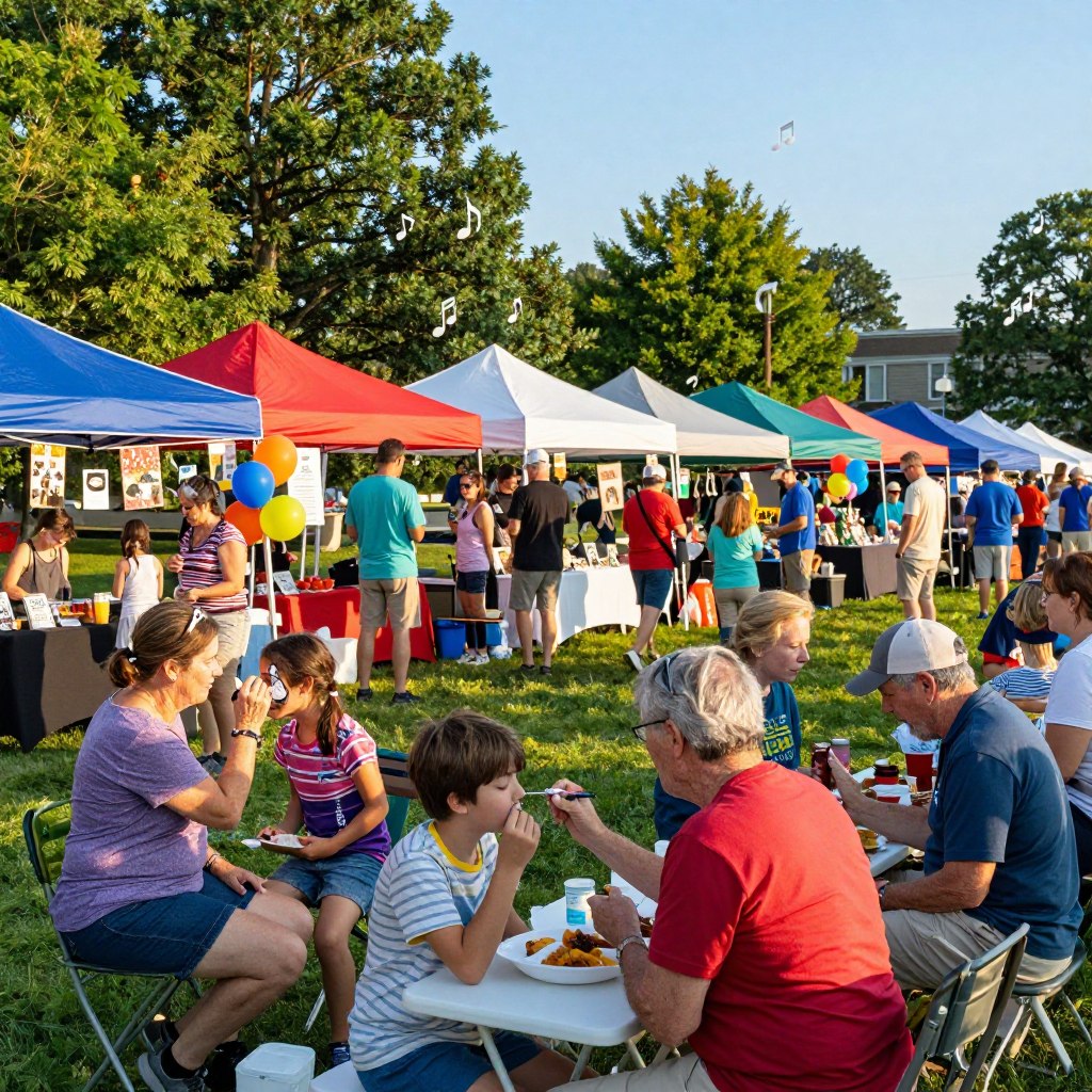 A vibrant community event in Somerset County, NJ, showcasing a diverse gathering of families and friends enjoying a festive atmosphere. In the foreground, people of various ages, dressed in casual summer clothing, are engaged in activities such as face painting and food tasting. The middle ground features colorful vendor tents offering local crafts and foods, with balloons and banners adding to the celebratory feel. In the background, green trees and a bright blue sky denote a sunny day, while cheerful music notes seem to waft through the air. The lighting is warm and inviting, capturing the essence of a joyful community gathering. Shot with a wide-angle lens to encompass the lively scene, this image embodies the spirit of events and festivals year-round in Somerset County.