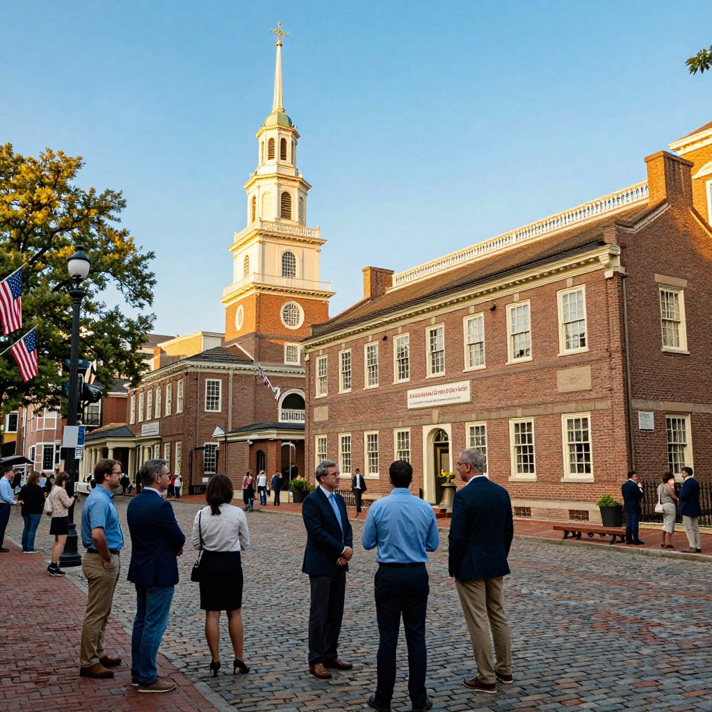 A vibrant depiction of the Historic District of Philadelphia, showcasing iconic landmarks such as Independence Hall and the Liberty Bell. In the foreground, a diverse group of people dressed in professional business attire and modest casual clothing engage in conversation while admiring the architecture. The middle features cobblestone streets lined with colonial-era buildings adorned with American flags, capturing the spirit of early American history. The background includes the soaring spires of nearby churches under a clear blue sky, bathed in warm, golden afternoon light, creating an inviting atmosphere. The scene is shot with a wide-angle lens to emphasize the grandeur of the historic structures, evoking a sense of discovery and appreciation for Philadelphia's rich heritage.