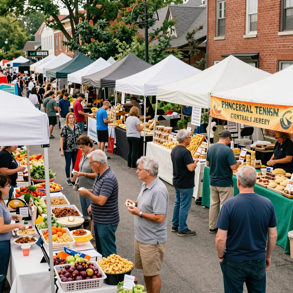 A vibrant food market scene set in Central Jersey, bustling with activity. In the foreground, a diverse group of people of various ages and backgrounds are enjoying colorful food stalls, showcasing a variety of dishes and culinary delights. Some are sampling fresh produce, while others are engaged in friendly conversation, dressed in modest casual clothing. In the middle, beautifully arranged stalls display artisanal products, from handmade pasta to local pastries, with bright banners and inviting signage. The background features lush greenery and charming architecture, suggesting a welcoming, community atmosphere. Soft, natural lighting creates a warm, inviting mood, capturing the essence of a lively culinary experience. The angle is slightly elevated, providing a comprehensive view of the market's vibrant activity.