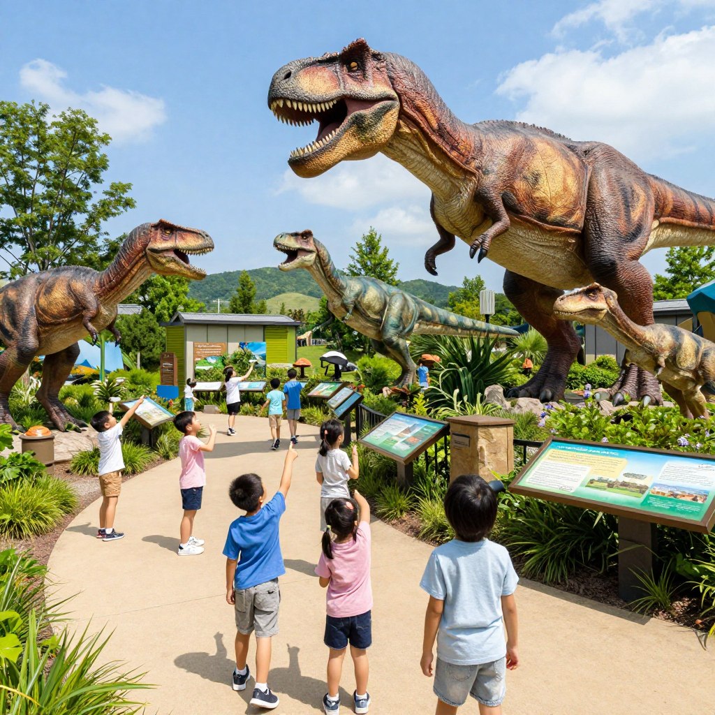 A vibrant outdoor scene at an interactive dinosaur exhibit in North Jersey, featuring lifelike dinosaur models, including a towering T-Rex and playful Velociraptors. In the foreground, children and families engage with the exhibits, pointing in awe and laughing, dressed in casual clothing appropriate for a family outing. The middle ground showcases a winding path lined with greenery, educational signs, and interactive stations where kids can touch dinosaur fossils. The background is filled with a sunny blue sky and distant rolling hills. The lighting is bright and cheerful, capturing a lively atmosphere of family fun. The camera angle is slightly elevated to encompass the excitement and details of the scene, creating an inviting and joyful mood.