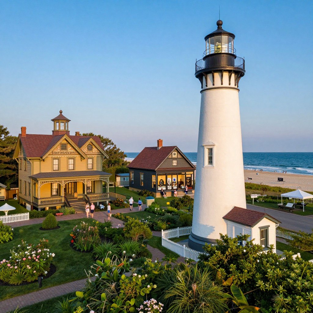 A vibrant scene capturing the iconic landmarks and museums of Cape May County, New Jersey. In the foreground, display the famous Cape May Lighthouse, rising tall against a clear blue sky, surrounded by lush greenery. To the left, showcase the Emlen Physick Estate, a Victorian mansion with intricate architecture, set amidst a picturesque garden. In the middle ground, include the Cape May County Museum, featuring vintage exhibits and historical artifacts, with visitors exploring in modest casual clothing, immersed in the history. In the background, blend the serene beach and ocean waves typical of Cape May, capturing the charm of coastal life. Use soft lighting during golden hour, enhancing the warm and inviting atmosphere, with a slightly elevated angle to encompass the beauty of the landscape.