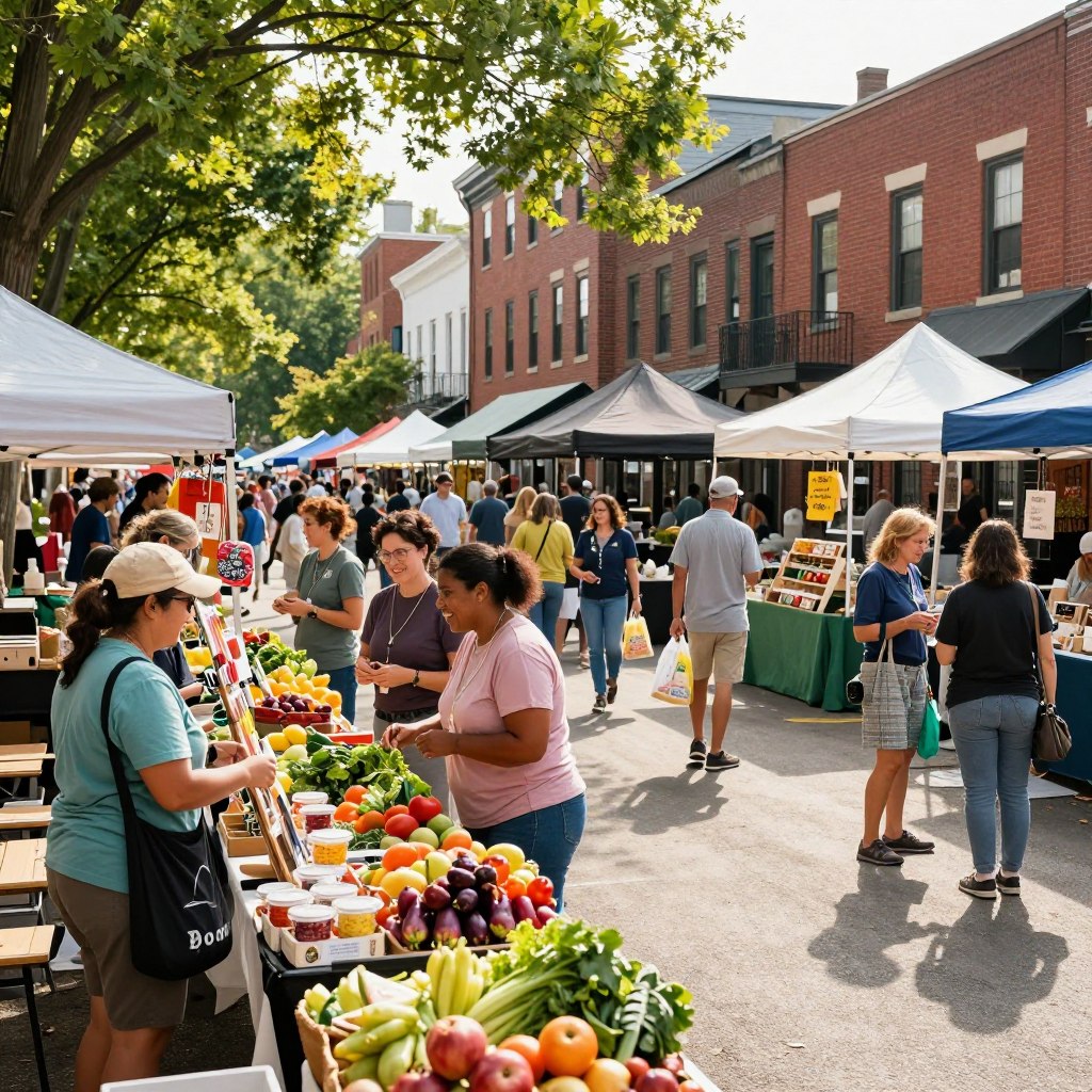 A vibrant scene depicting a local market in Passaic County, NJ, bustling with activity. In the foreground, colorful stalls overflowing with fresh produce, homemade goods, and artisan crafts are showcased. Vendors, dressed in modest casual clothing, engage cheerfully with shoppers of diverse backgrounds, who are examining products and socializing. In the middle ground, shoppers carry bags filled with local finds, creating a sense of community. The background features charming brick buildings and lush green trees, with sunlight casting warm, inviting rays across the scene, enhancing the lively atmosphere. A wide-angle perspective captures the essence of the market, while the overall mood is cheerful and welcoming, inviting viewers to explore and enjoy local shopping experiences.