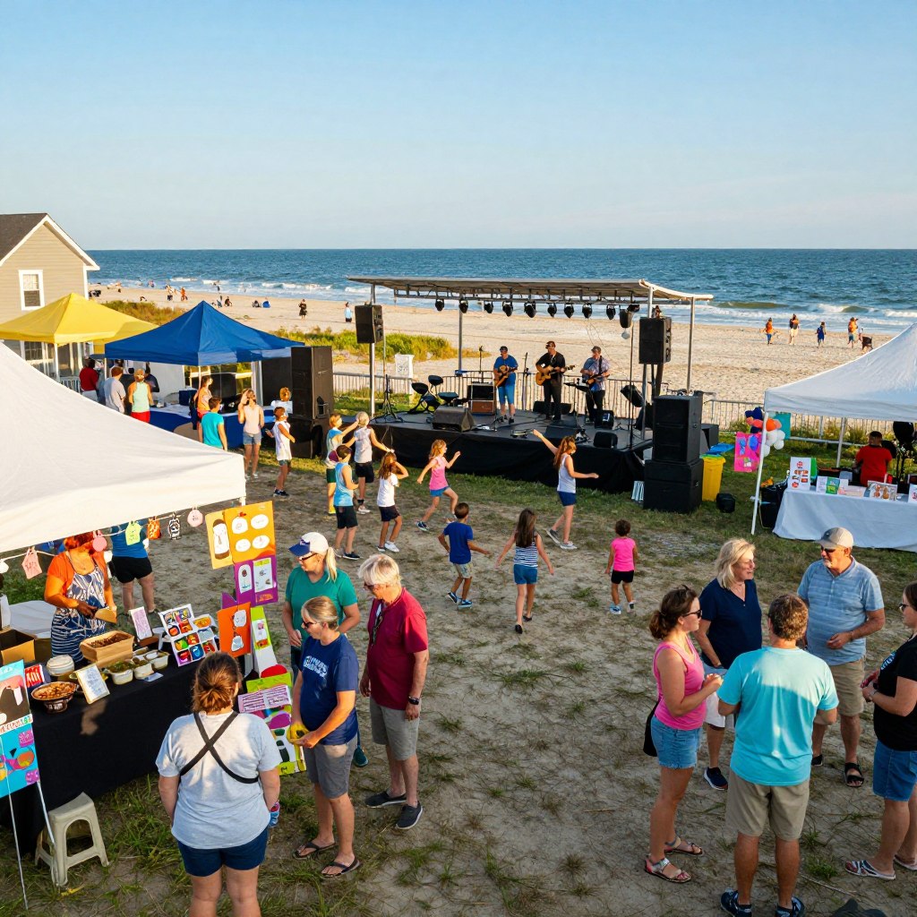 A vibrant scene depicting the charm of Cape May County's seasonal festivals and events. In the foreground, families and friends gather to enjoy various activities, such as food stalls featuring local cuisine, colorful crafts, and lively games. Some attendees wear casual summer attire enjoying the festive atmosphere. In the middle ground, a stage hosts live performances with musicians playing lively tunes. Children dance joyfully in front of the stage, while diverse attendees chat and engage with vendors. The background showcases the picturesque Cape May coastline under a clear blue sky, with gentle waves lapping at the shore. Soft, warm lighting creates a cheerful and inviting mood, capturing the essence of a delightful summer day at a festival. Shot from a slight elevation to encompass the bustling scene and the scenic beach view.