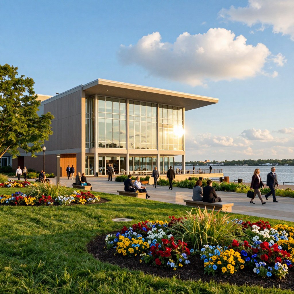 A vibrant scene depicting the cultural center of Edgewater, New Jersey. In the foreground, a beautifully landscaped park with manicured lawns and colorful flower beds, inviting visitors to relax. In the middle ground, the modern architectural design of the cultural center stands prominently, showcasing large glass windows reflecting the afternoon sunlight. People in professional business attire stroll around, some sitting on benches, enjoying the atmosphere. In the background, a clear blue sky with soft fluffy clouds creates a calm ambiance, with the Hudson River shimmering under the sun’s glow. The lighting is warm and inviting, enhancing the sense of community and cultural richness in the area. The angle captures the cultural center's façade while including the park's lush greenery and the river to establish the location's charm.