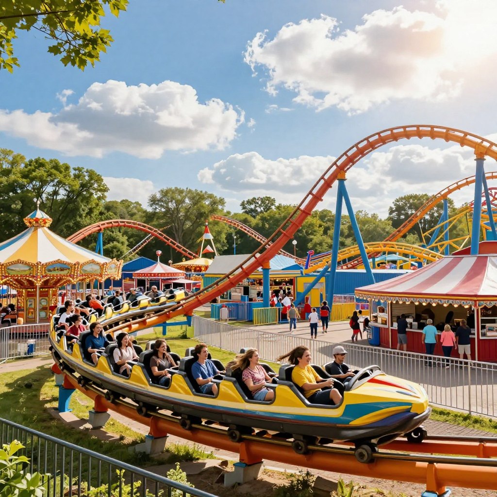A vibrant scene depicting the excitement of Great Adventure Amusement Park in North Jersey. In the foreground, a thrilling multi-colored roller coaster twists and turns, its cars filled with joyful riders, hands in the air, capturing the thrill of the ride. The middle ground showcases other attractions like a carousel and food stalls with families enjoying their day out. The background features a brilliant blue sky dotted with fluffy white clouds and tall trees framing the park's lively atmosphere. Capture the sunlight streaming through, creating a warm and inviting ambiance. Use a wide-angle perspective to encompass the bustling scene, evoking feelings of joy, adventure, and fun in this popular amusement park setting.
