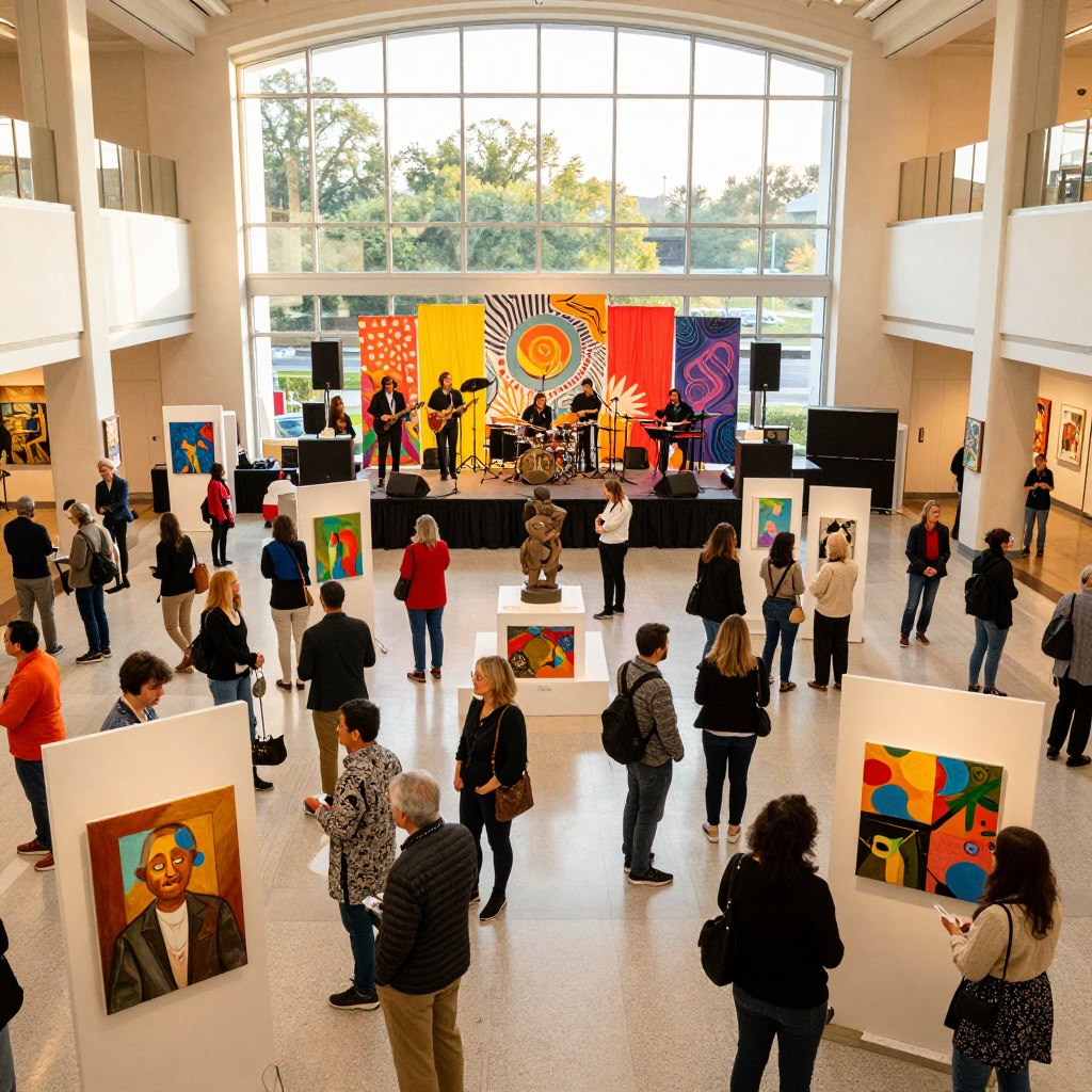 A vibrant scene inside a South Jersey arts center, showcasing a lively community event focused on arts and culture. In the foreground, a diverse group of attendees engage with various art installations, with some admiring paintings while others discuss sculptures, all dressed in smart casual attire. The middle layer features a large stage where a band plays, surrounded by colorful banners and artistic displays, creating a lively atmosphere. The background reveals the elegant architecture of the arts center, with expansive glass windows allowing warm, natural light to pour in, illuminating the space with a welcoming glow. The mood is festive and creative, encouraging engagement and appreciation for local artistry. The image is captured from a slightly elevated angle, providing a dynamic perspective of the bustling environment.