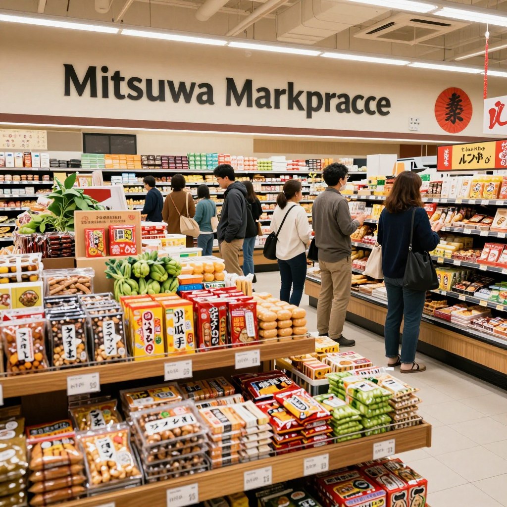 A vibrant scene of Mitsuwa Marketplace in Edgewater, showcasing a bustling Japanese grocery store. In the foreground, a variety of colorful Japanese snacks and fresh produce are neatly displayed on wooden shelves. The middle ground features shoppers, including families and individuals in modest casual clothing, browsing and selecting items, radiating a sense of community and excitement. The background reveals the store’s distinct signage and cultural decorations, enhancing the authentic atmosphere. The lighting is bright and warm, simulating a pleasant afternoon glow that invites exploration. A wide-angle view captures the lively environment, emphasizing the spacious and inviting layout of the marketplace, filled with tantalizing food options and a friendly ambiance.