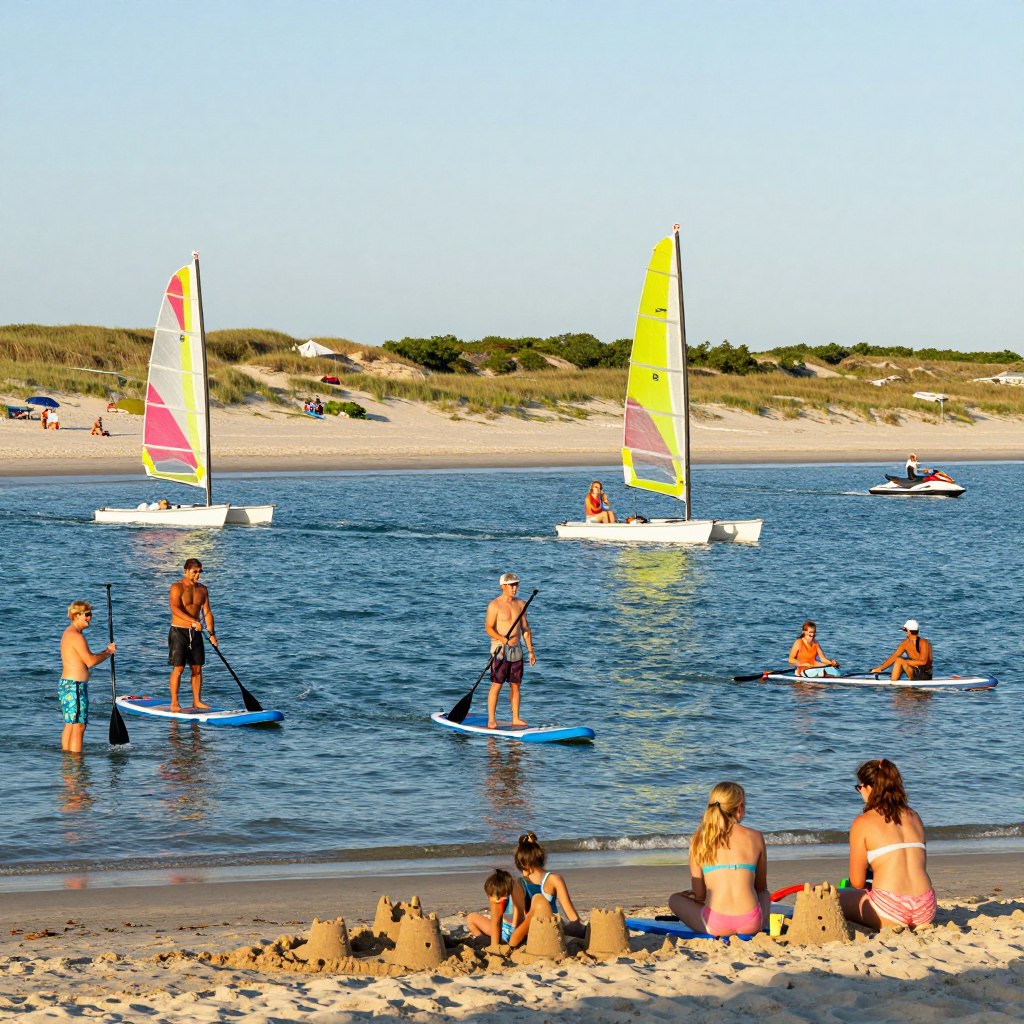 A vibrant scene of water sports and activities in Cape May County, showcasing families enjoying a sunny day at the beach. In the foreground, a group of people in modest casual clothing engages in paddleboarding and kayaking, with smiles and laughter. The middle ground features colorful sailboats and jet skis gliding across the sparkling blue ocean, while a few children build sandcastles on the sandy shore. In the background, rolling dunes covered in beach grass lead up to a clear, bright sky during golden hour, casting a warm light over the scene. The overall atmosphere is joyful and lively, capturing the essence of summer fun by the water, emphasizing the natural beauty and recreational spirit of Cape May County.