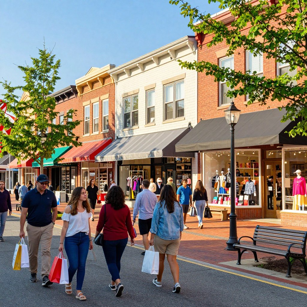 A vibrant shopping district in Central Jersey during a sunny day, showcasing an array of appealing storefronts and boutiques. In the foreground, shoppers of diverse backgrounds, dressed in smart casual attire, carry shopping bags, exuding a sense of excitement and leisure. The middle ground features a variety of shops, with colorful awnings and window displays showcasing popular fashion and local artisanal products. Lively trees and small benches add charm to the ambiance. In the background, a clear blue sky enhances the cheerful mood, complemented by soft, warm sunlight filtering through. The scene is shot at eye level with a wide-angle lens, capturing the bustling activity and inviting atmosphere, perfect for highlighting shopping destinations in Central Jersey.