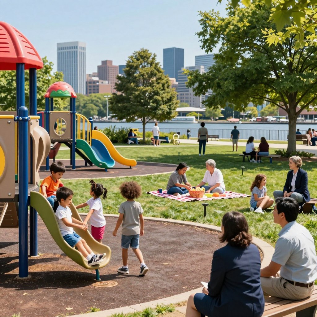 A vibrant, sunny day at a playground in Edgewater, New Jersey, showcasing a variety of family activities. In the foreground, children of diverse backgrounds play on colorful jungle gyms and swings, their joyful expressions reflecting enthusiasm. Parents watch, engaged and smiling, some sitting on benches nearby. In the middle ground, a family has a picnic on a green lawn, with a checkered blanket and a basket filled with snacks. Lush trees provide shade, while other families can be seen enjoying the space, fostering a sense of community. In the background, the Edgewater skyline, featuring modern buildings, glimmers under the clear blue sky. The lighting is bright and warm, creating a cheerful, inviting atmosphere, captured from a slightly elevated angle to encapsulate the lively scene.