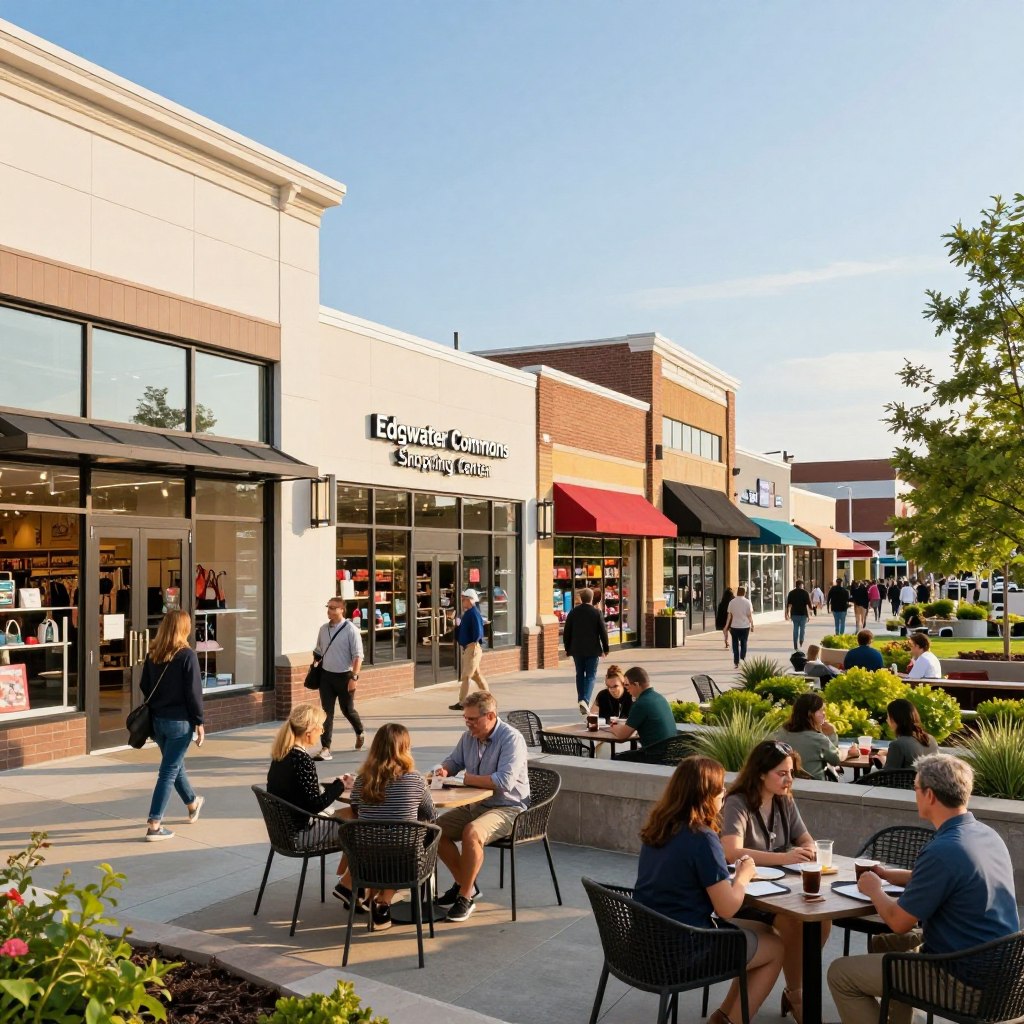 A vibrant view of Edgewater Commons Shopping Center, showcasing a bustling retail space filled with sleek modern storefronts and inviting outdoor seating areas. In the foreground, patrons dressed in smart casual attire browse the shops, enjoying a sunny afternoon. The middle ground features diverse retail stores with large glass windows displaying merchandise and colorful signage, while the background reveals green landscaped areas and a clear blue sky. Soft, warm sunlight illuminates the scene, creating an inviting atmosphere, and the angle captures an inviting street perspective that emphasizes the energy and vibrancy of shopping and entertainment in Edgewater, NJ.