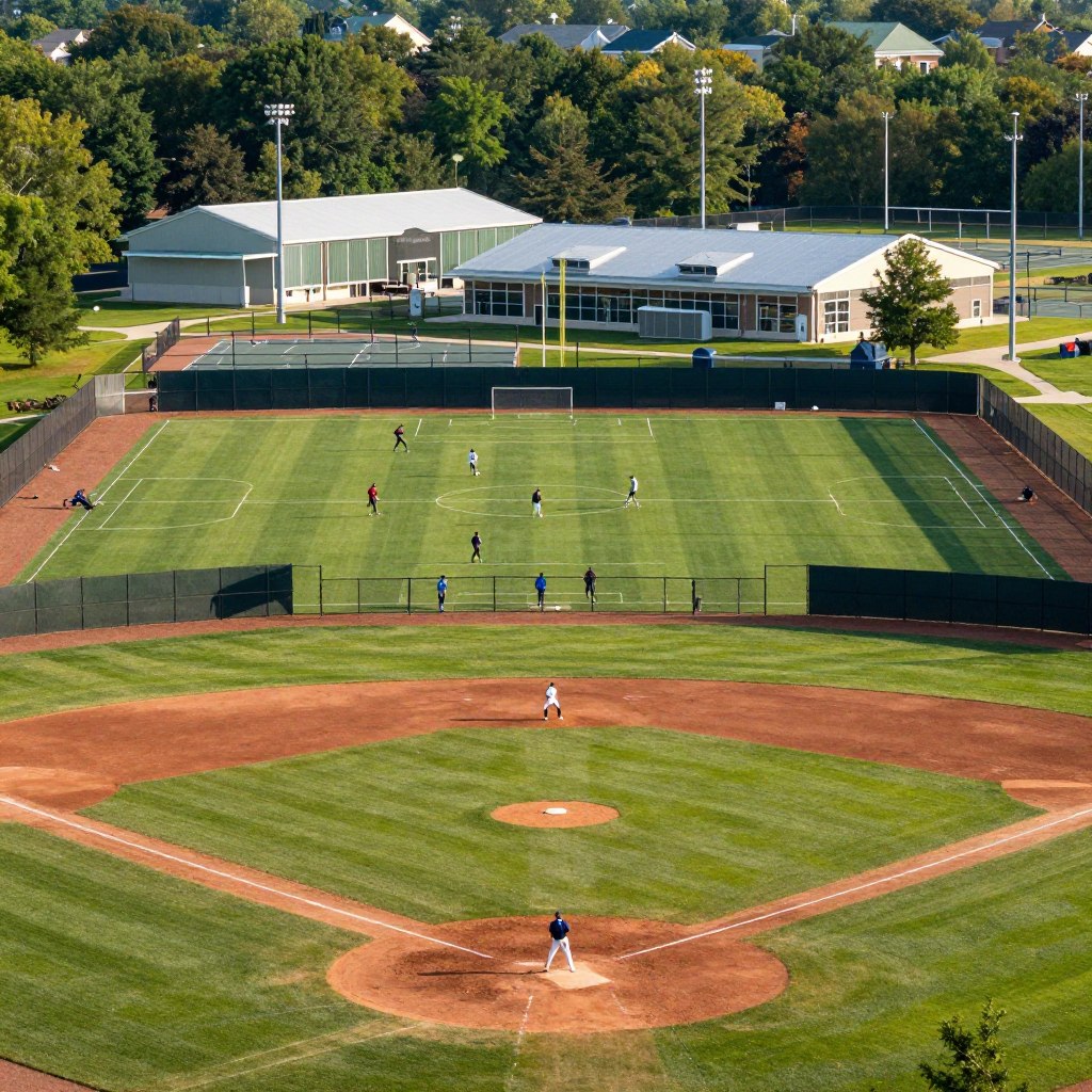 A vibrant view of multiple sports fields and athletic facilities in Warren County, NJ, during a sunny day. In the foreground, showcase a well-maintained baseball diamond with players in modest athletic wear practicing. The middle ground features a multi-purpose soccer field, with teams engaged in a friendly match, surrounded by lush greenery and trees. In the background, highlight a modern sports complex with basketball and tennis courts, bathed in warm afternoon light. Capture the energy and excitement of the scene, with soft shadows and bright colors that evoke a sense of joy and community. The perspective should be slightly elevated to encompass all these facilities, focusing on the recreational amenities available in Warren County.
