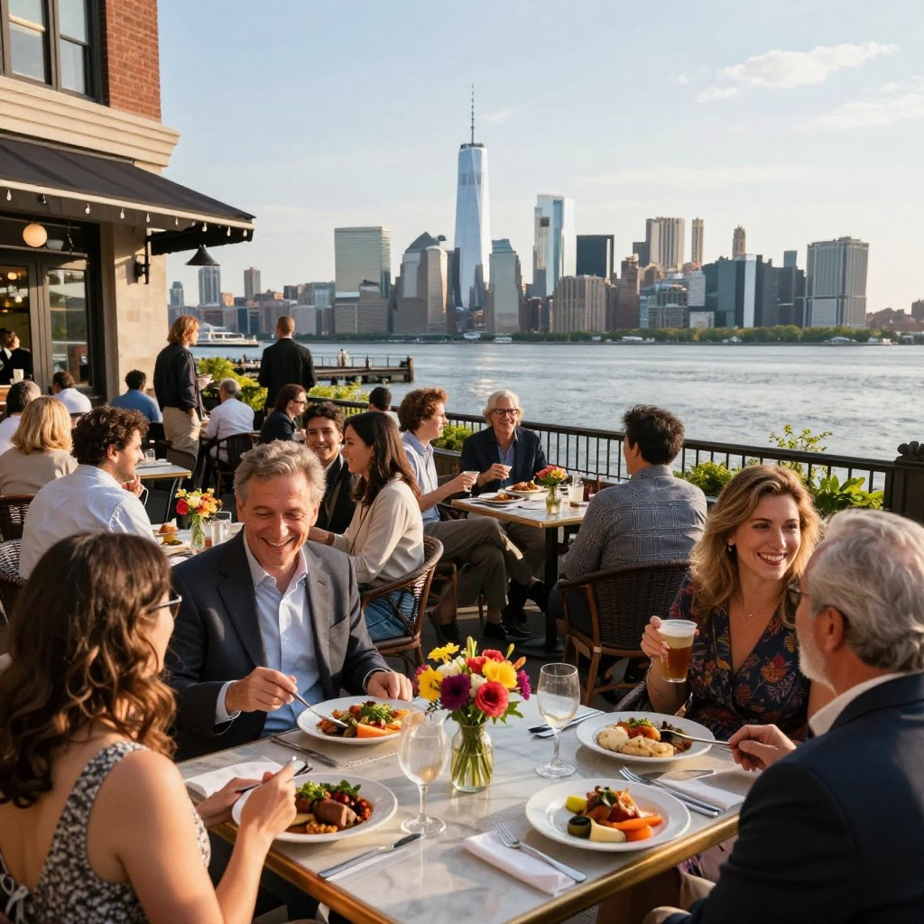 A vibrant waterfront dining scene at Hoboken, showcasing a variety of outdoor tables filled with diners enjoying meals and drinks, dressed in smart casual attire. In the foreground, a table set with plates of local cuisine, glistening glasses, and colorful flowers as centerpieces. The middle ground features a lively terrace with patrons laughing and conversing against a backdrop of elegant restaurant architecture. In the background, the majestic Hudson River sparkles under a sunny sky, with the iconic Manhattan skyline creating a stunning panorama. The lighting is warm and inviting, suggesting late afternoon, with golden hour hues enhancing the scene's ambiance. Capture this engaging atmosphere from a slightly elevated angle to highlight the natural beauty of the waterfront setting and its surroundings.