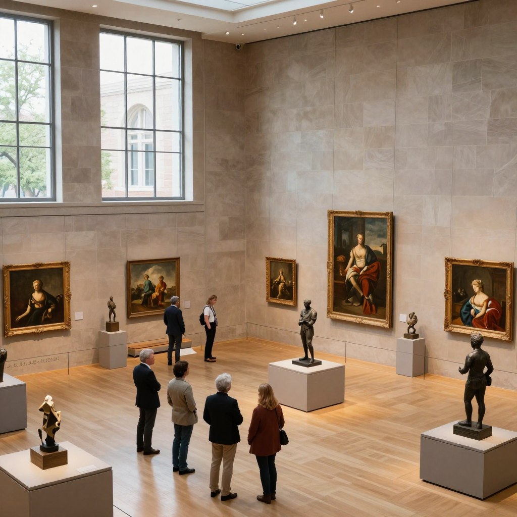 A wide-angle view of the Princeton University Art Museum’s interior, showcasing elegant galleries filled with diverse art pieces. In the foreground, a small group of visitors, including individuals in professional attire and casual clothing, are thoughtfully observing the artwork. The middle ground reveals beautifully arranged exhibits, featuring contemporary and classical paintings, sculptures, and installations bathed in soft, natural light filtering through large windows. In the background, the museum's architecture highlights its grand design with polished stone walls and high ceilings. The atmosphere is serene yet vibrant, reflecting a cultural experience that embodies the artistic spirit of Central Jersey, inviting viewers to engage with the art in a welcoming space.