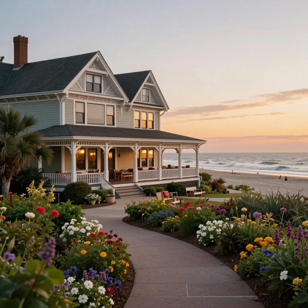 A charming Cape May hotel, featuring Victorian architecture adorned with intricate details, sits invitingly along a peaceful beach. In the foreground, a beautifully landscaped garden with colorful flowers and soft pathways leads to the hotel entrance, creating a welcoming atmosphere. The middle ground showcases the hotel's elegant porch, adorned with cozy seating arrangements for couples, perfect for enjoying serene ocean views. The background reveals a sunset casting warm, golden hues across the sky and the gently rolling waves of the Atlantic Ocean. Soft, romantic lighting bathes the scene, suggesting an intimate evening. Capture this idyllic setting with a focus on depth, using a wide-angle lens to emphasize the spaciousness of the hotel and the natural beauty surrounding it. A charming Cape May hotel, featuring Victorian architecture adorned with intricate details, sits invitingly along a peaceful beach. In the foreground, a beautifully landscaped garden with colorful flowers and soft pathways leads to the hotel entrance, creating a welcoming atmosphere. The middle ground showcases the hotel's elegant porch, adorned with cozy seating arrangements for couples, perfect for enjoying serene ocean views. The background reveals a sunset casting warm, golden hues across the sky and the gently rolling waves of the Atlantic Ocean. Soft, romantic lighting bathes the scene, suggesting an intimate evening. Capture this idyllic setting with a focus on depth, using a wide-angle lens to emphasize the spaciousness of the hotel and the natural beauty surrounding it.