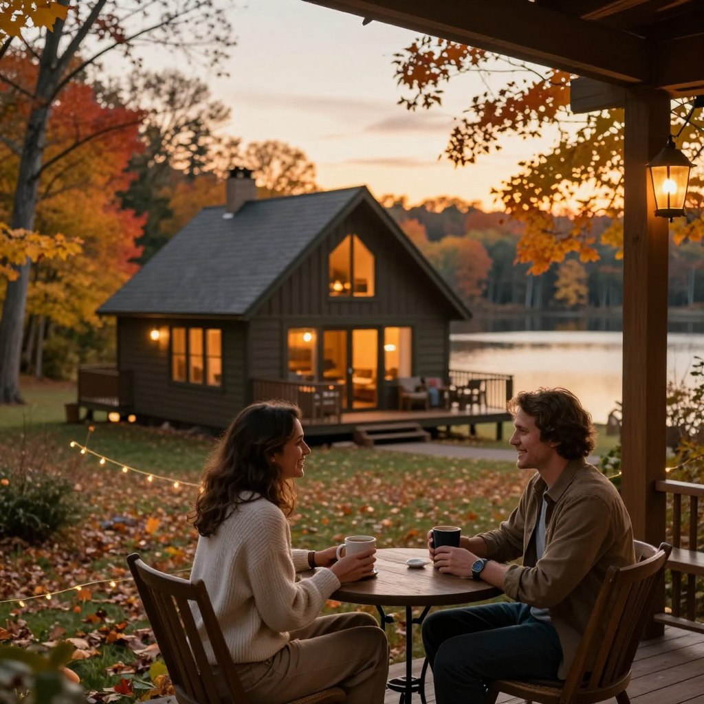 A cozy weekend getaway resort in New Jersey, featuring a charming cabin-style lodge surrounded by vibrant autumn foliage. In the foreground, a couple dressed in comfortable, modest casual clothing enjoys a warm drink on a wooden porch, smiling and relaxed. In the middle, the lodge exudes warmth with glowing lights in its windows, inviting and welcoming. The background showcases a serene lake reflecting orange and yellow hues from the trees, under a soft golden sunset. The scene captures the essence of romance and tranquility, with gentle fairy lights twinkling nearby. The atmosphere is relaxed and intimate, perfect for couples seeking off-season savings. The image has soft, warm lighting and a slightly blurred background to emphasize the intimate moment between the couple. A cozy weekend getaway resort in New Jersey, featuring a charming cabin-style lodge surrounded by vibrant autumn foliage. In the foreground, a couple dressed in comfortable, modest casual clothing enjoys a warm drink on a wooden porch, smiling and relaxed. In the middle, the lodge exudes warmth with glowing lights in its windows, inviting and welcoming. The background showcases a serene lake reflecting orange and yellow hues from the trees, under a soft golden sunset. The scene captures the essence of romance and tranquility, with gentle fairy lights twinkling nearby. The atmosphere is relaxed and intimate, perfect for couples seeking off-season savings. The image has soft, warm lighting and a slightly blurred background to emphasize the intimate moment between the couple.