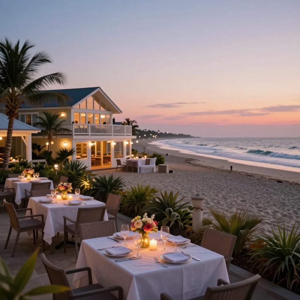 A picturesque beachfront resort in New Jersey, showcasing romantic ambiance for couples. In the foreground, a charming outdoor dining setup with elegantly set tables adorned with flickering candles and fresh flowers, casting a warm glow. The middle features a stunning resort with modern yet cozy architecture, surrounded by tropical plants and soft beachfront sands. In the background, gentle waves lap at the shore under a pastel sunset sky, creating a serene atmosphere. Soft lighting accentuates the scene, enhancing the romance. Capture a slightly elevated angle to include the horizon, emphasizing the tranquility of the Jersey Shore. The mood is intimate and inviting, perfect for couples seeking a romantic getaway. A picturesque beachfront resort in New Jersey, showcasing romantic ambiance for couples. In the foreground, a charming outdoor dining setup with elegantly set tables adorned with flickering candles and fresh flowers, casting a warm glow. The middle features a stunning resort with modern yet cozy architecture, surrounded by tropical plants and soft beachfront sands. In the background, gentle waves lap at the shore under a pastel sunset sky, creating a serene atmosphere. Soft lighting accentuates the scene, enhancing the romance. Capture a slightly elevated angle to include the horizon, emphasizing the tranquility of the Jersey Shore. The mood is intimate and inviting, perfect for couples seeking a romantic getaway.