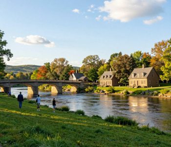 A picturesque view of New Bridge Landing State Park in Bergen County, NJ, capturing its historical significance. In the foreground, a serene river banks with lush green grass and a few visitors casually strolling and admiring the scenery, wearing casual clothing. The middle ground features the historic sandstone bridge and replicas of 18th-century homes, bathed in soft, warm sunlight, reflecting a peaceful afternoon. In the background, gentle hills and vibrant trees create a scenic backdrop. The atmosphere is tranquil and inviting, with a clear blue sky dotted with fluffy white clouds. The image is captured with a wide-angle lens to enhance the depth and immersion. The lighting is natural, highlighting the beauty of the park and its rich history.