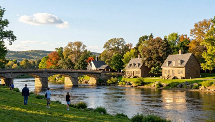 A picturesque view of New Bridge Landing State Park in Bergen County, NJ, capturing its historical significance. In the foreground, a serene river banks with lush green grass and a few visitors casually strolling and admiring the scenery, wearing casual clothing. The middle ground features the historic sandstone bridge and replicas of 18th-century homes, bathed in soft, warm sunlight, reflecting a peaceful afternoon. In the background, gentle hills and vibrant trees create a scenic backdrop. The atmosphere is tranquil and inviting, with a clear blue sky dotted with fluffy white clouds. The image is captured with a wide-angle lens to enhance the depth and immersion. The lighting is natural, highlighting the beauty of the park and its rich history.