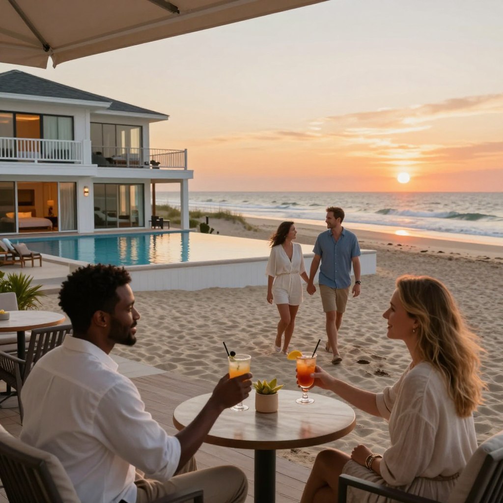 A serene beachfront resort in New Jersey, featuring two couples enjoying a romantic getaway. In the foreground, a cozy patio with elegant outdoor furniture, where one couple clinks glasses filled with cocktails. The second couple strolls hand-in-hand along the sandy beach. In the middle ground, a luxurious resort with large windows showcasing inviting rooms and a shining infinity pool that reflects the golden sunset. The background displays gentle ocean waves, a vibrant orange sky, and hints of distant dunes covered in beach grass. The lighting is warm and soft, evoking a tranquil, romantic atmosphere. The overall scene captures the essence of relaxation and love, perfect for a getaway. A serene beachfront resort in New Jersey, featuring two couples enjoying a romantic getaway. In the foreground, a cozy patio with elegant outdoor furniture, where one couple clinks glasses filled with cocktails. The second couple strolls hand-in-hand along the sandy beach. In the middle ground, a luxurious resort with large windows showcasing inviting rooms and a shining infinity pool that reflects the golden sunset. The background displays gentle ocean waves, a vibrant orange sky, and hints of distant dunes covered in beach grass. The lighting is warm and soft, evoking a tranquil, romantic atmosphere. The overall scene captures the essence of relaxation and love, perfect for a getaway.