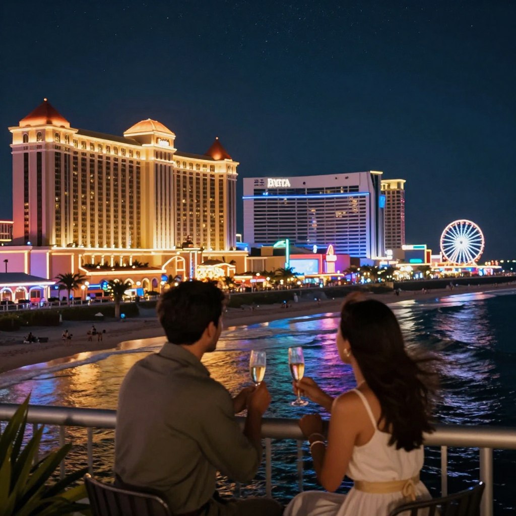 A stunning nighttime skyline of Atlantic City, showcasing its iconic casino resorts illuminated by vibrant lights against a starry sky. In the foreground, a romantic couple is enjoying a cozy moment on a balcony, dressed in elegant, modest evening attire. The couple shares a glass of champagne, with the ocean waves gently lapping in the background. The middle section features the beautifully lit facades of casinos like the Borgata and Tropicana, each adding to the festive atmosphere. In the background, a soft glow emanates from the Ferris wheel and the Boardwalk, creating a sense of whimsy. Use a wide-angle lens to capture the full expanse of the skyline, with a focus on warm, inviting colors that convey a romantic and intimate ambiance.