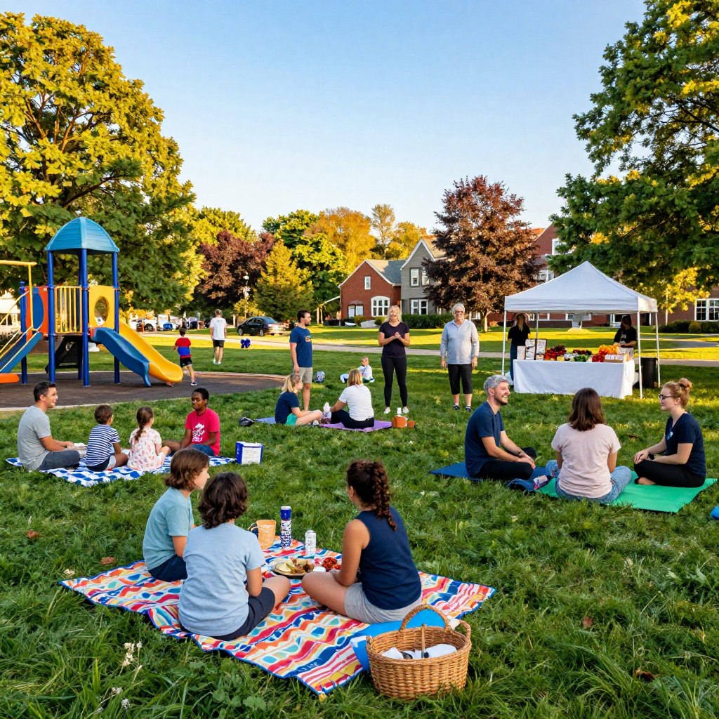 A vibrant community scene during a sunny weekend in Bergen County, NJ. In the foreground, a family in modest casual clothing picnics on a lush green lawn, surrounded by colorful picnic blankets and baskets. The middle ground showcases diverse groups engaging in various activities: children playing in a nearby playground, couples enjoying a bright farmer's market with stalls of fresh produce and handmade crafts, and a small group of friends laughing while participating in an outdoor yoga class. The background features a scenic view of local parks and trees bathed in warm golden light, with a clear blue sky above. The atmosphere is lively and joyful, capturing the essence of weekend events that bring the community together. The perspective is slightly elevated, giving a broad view of the activities while keeping the focus on the joyful interactions below. A vibrant community scene during a sunny weekend in Bergen County, NJ. In the foreground, a family in modest casual clothing picnics on a lush green lawn, surrounded by colorful picnic blankets and baskets. The middle ground showcases diverse groups engaging in various activities: children playing in a nearby playground, couples enjoying a bright farmer's market with stalls of fresh produce and handmade crafts, and a small group of friends laughing while participating in an outdoor yoga class. The background features a scenic view of local parks and trees bathed in warm golden light, with a clear blue sky above. The atmosphere is lively and joyful, capturing the essence of weekend events that bring the community together. The perspective is slightly elevated, giving a broad view of the activities while keeping the focus on the joyful interactions below.