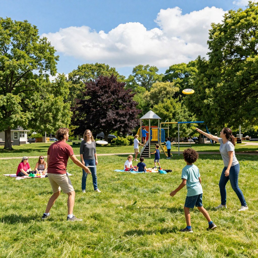 A vibrant family scene in Bergen County, New Jersey, showcasing various outdoor activities. In the foreground, a diverse family of four—two parents and two children—are joyfully playing frisbee on a sunny day in a local park, dressed in modest casual clothing. In the middle ground, other families picnic on blankets, while children play on a jungle gym. The background features lush trees and a clear blue sky with fluffy white clouds, creating a warm and inviting atmosphere. The lighting is bright and cheerful, capturing the essence of a lively family day out. The image is shot from a slightly elevated angle to encompass the lively park setting, emphasizing community and togetherness. A vibrant family scene in Bergen County, New Jersey, showcasing various outdoor activities. In the foreground, a diverse family of four—two parents and two children—are joyfully playing frisbee on a sunny day in a local park, dressed in modest casual clothing. In the middle ground, other families picnic on blankets, while children play on a jungle gym. The background features lush trees and a clear blue sky with fluffy white clouds, creating a warm and inviting atmosphere. The lighting is bright and cheerful, capturing the essence of a lively family day out. The image is shot from a slightly elevated angle to encompass the lively park setting, emphasizing community and togetherness.