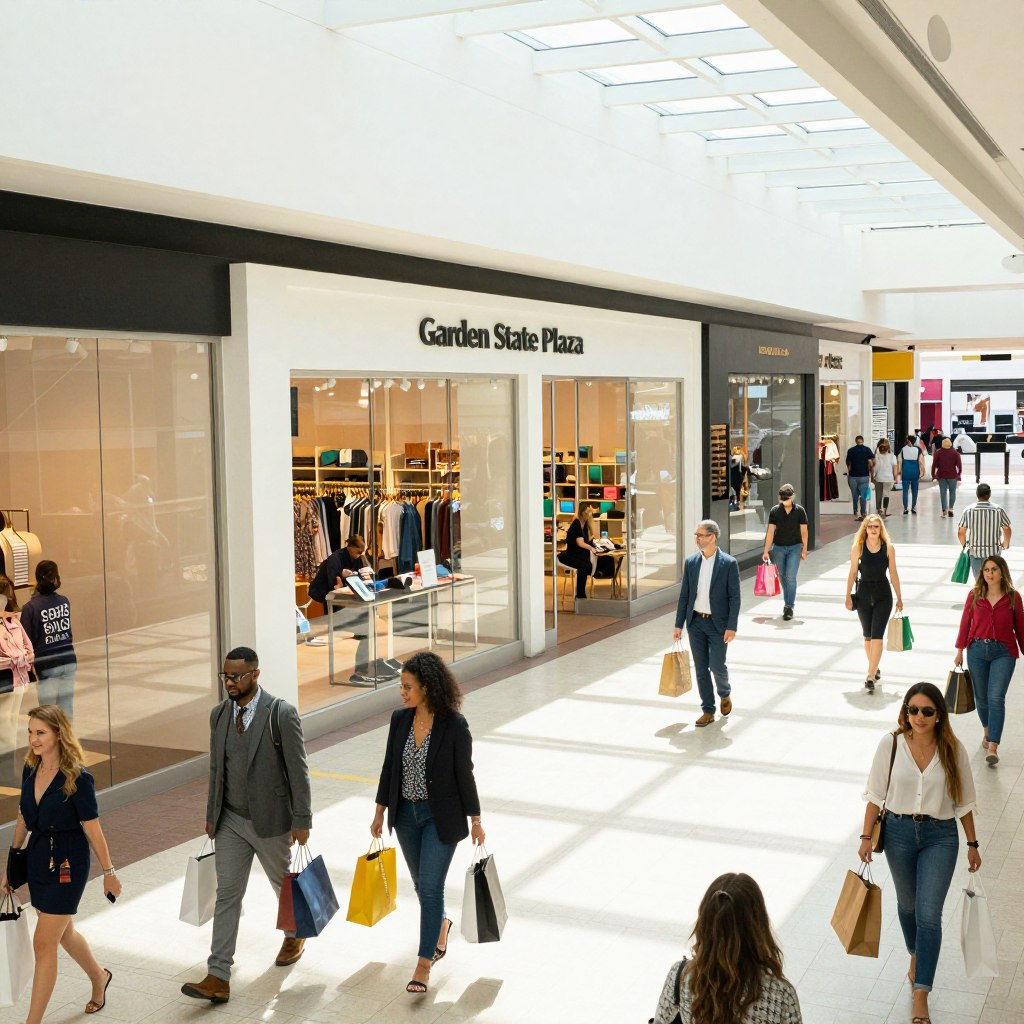 A vibrant scene depicting the bustling atmosphere of Garden State Plaza mall in Bergen County, NJ. In the foreground, stylish shoppers of diverse backgrounds are seen carrying shopping bags, dressed in smart casual clothing, exploring boutique stores. The middle ground features sleek retail storefronts with eye-catching displays and shoppers engaging with clerks. The background highlights the mall's expansive architecture, with large skylights allowing natural light to flood the space, casting delicate shadows on the polished floors. Capture this scene from a slightly elevated angle for a dynamic perspective. The overall mood is lively and inviting, reflecting the excitement of shopping and dining in one of Bergen County's premier destinations. A vibrant scene depicting the bustling atmosphere of Garden State Plaza mall in Bergen County, NJ. In the foreground, stylish shoppers of diverse backgrounds are seen carrying shopping bags, dressed in smart casual clothing, exploring boutique stores. The middle ground features sleek retail storefronts with eye-catching displays and shoppers engaging with clerks. The background highlights the mall's expansive architecture, with large skylights allowing natural light to flood the space, casting delicate shadows on the polished floors. Capture this scene from a slightly elevated angle for a dynamic perspective. The overall mood is lively and inviting, reflecting the excitement of shopping and dining in one of Bergen County's premier destinations.